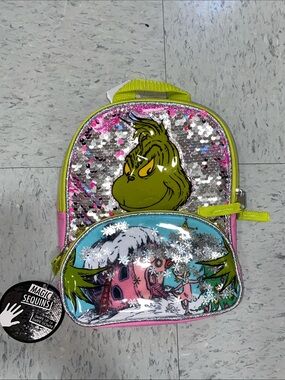 Kids Sequin the Grinch who stole Christmas mini small Backpack - Green & Pink